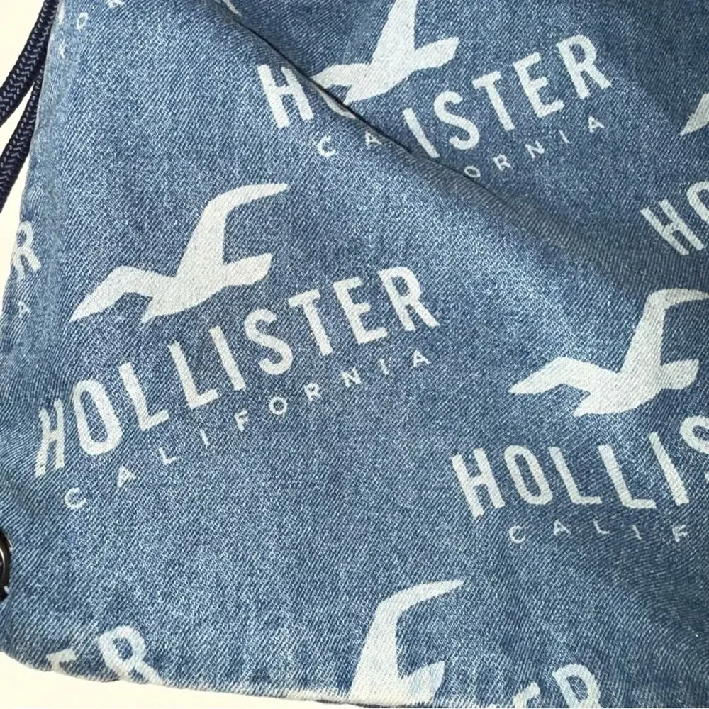 VNTG HOLLISTER Y2K Denim Blue Logo Drawstring Backpack